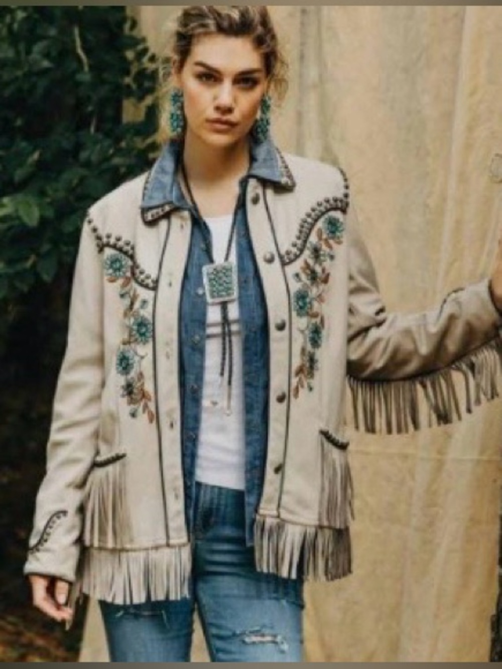 DOUBLE D RANCH Bentgrass  fringe Jacket studs floral embroidery RTL 695
